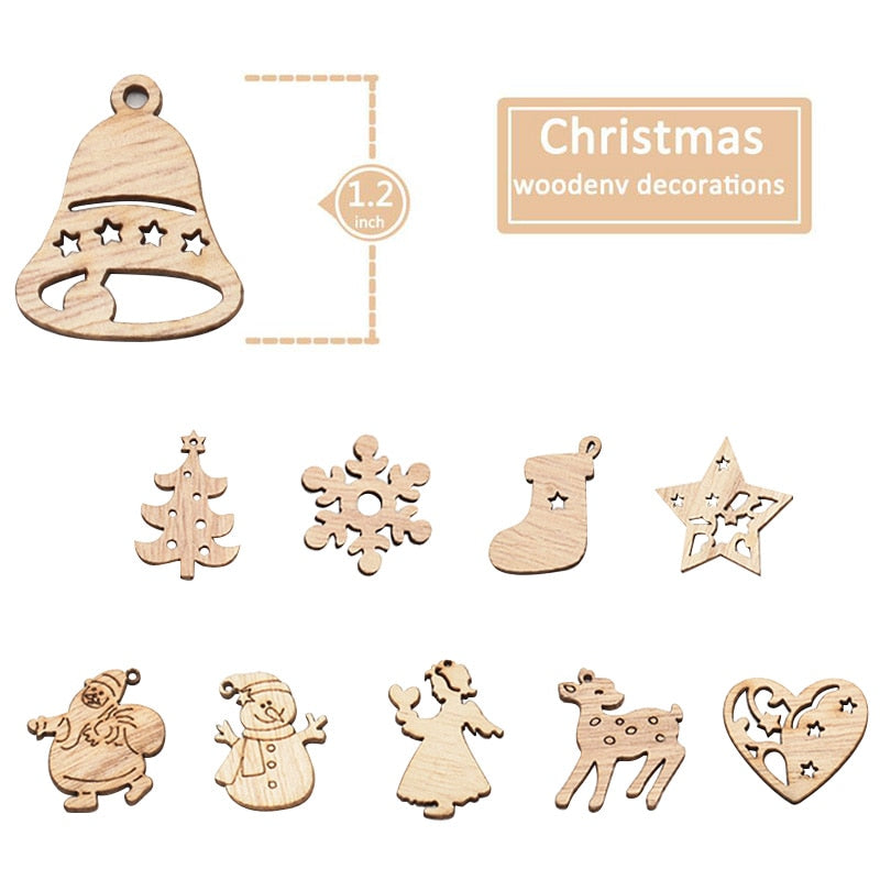 50Pcs Christmas Natural Wooden Chip Santa Claus Snowflake Christmas Tree Hanging Ornaments Pendant Navidad Decoration DIY Craft