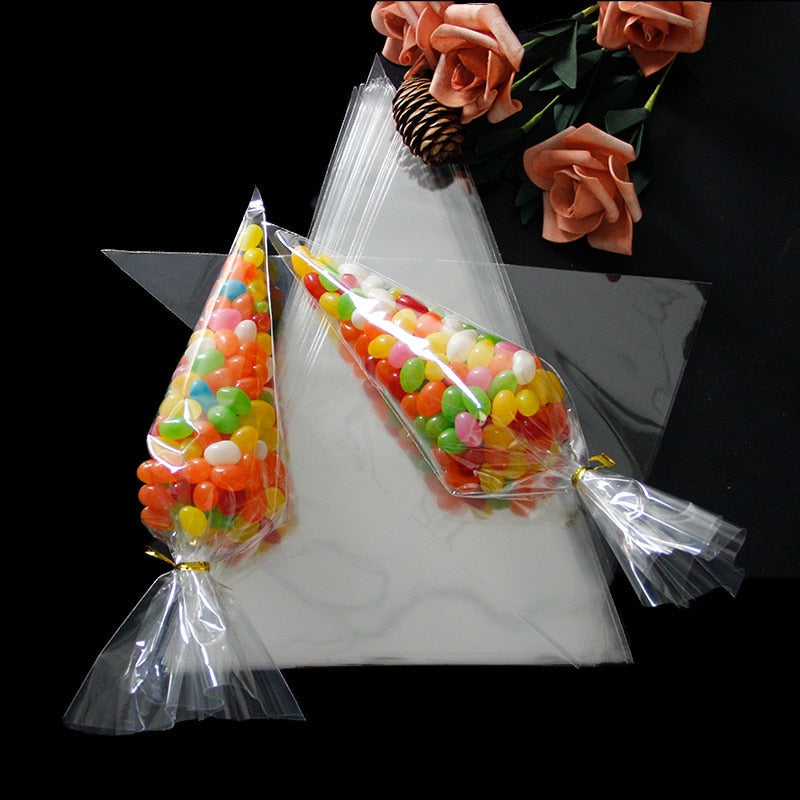 50pcs/Lot DIY Candy Bag Wedding Favors Birthday Party Decoration Sweet Cellophane Transparent Cone Storage With Organza Pouches