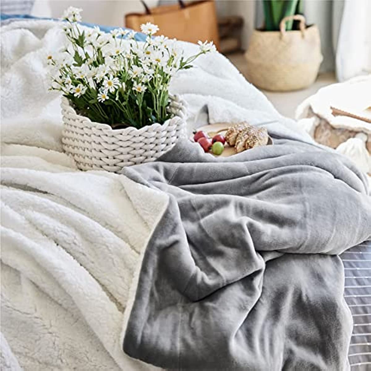 Sherpa Fleece Throw Blanket for Couch - Grey Thick Fuzzy Warm Soft Blankets and Throws for Sofa. 50x60 Inches