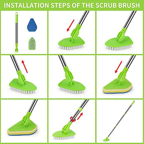 Scrub Cleaning Brush with Long Handle 35'' - Extendable Floor Scrubber with 1 Stiff Bristles & 3 Sponge Brush. Adjustable Lightweigh Detachable Kitchen Brush for Baseboard Shower Bathroom Bathtub Tile
