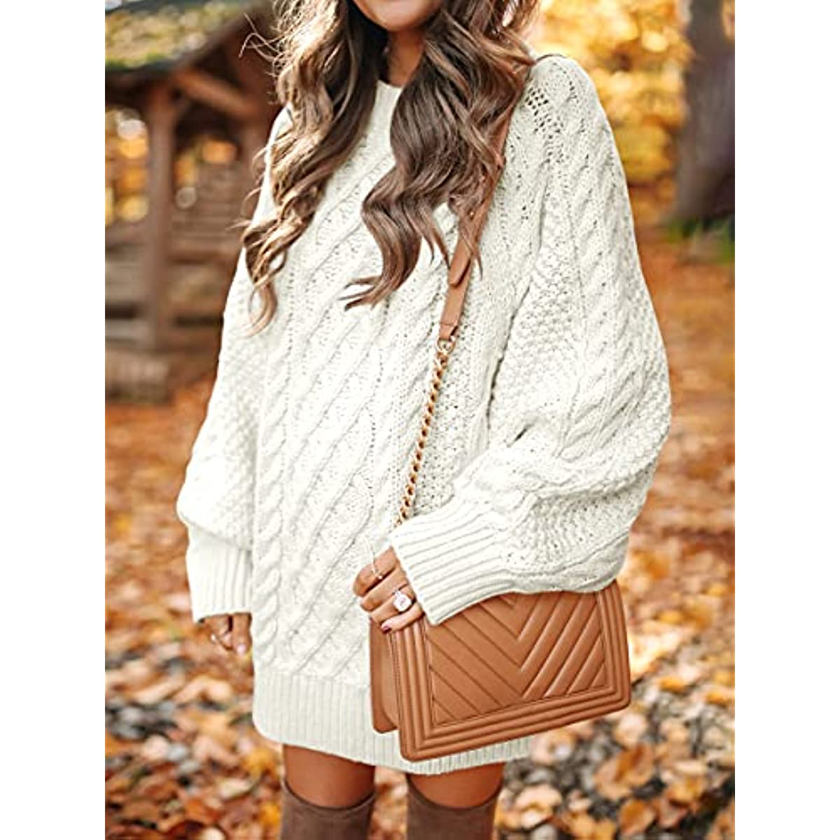 Women Crewneck Long Sleeve Oversized Cable Knit Chunky Pullover Short Sweater Dresses