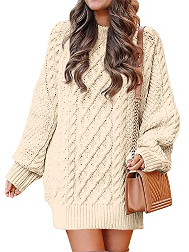 Women Crewneck Long Sleeve Oversized Cable Knit Chunky Pullover Short Sweater Dresses