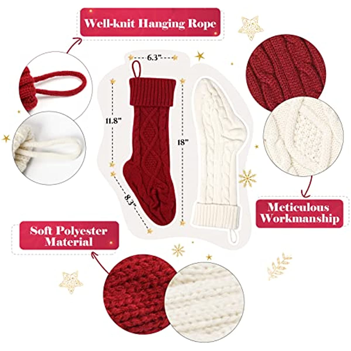 Christmas Stockings 4 Packs Large 18 Inches Classic Cable Knitted Ivory White Burgundy for Family Xmas Holiday Party Decoration