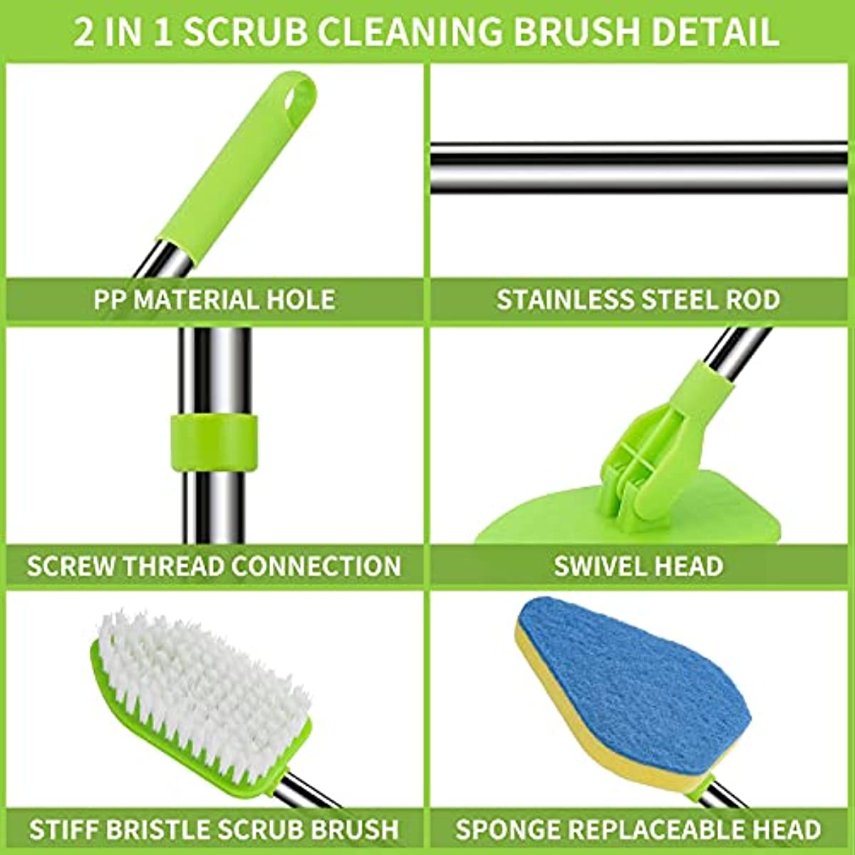 Scrub Cleaning Brush with Long Handle 35'' - Extendable Floor Scrubber with 1 Stiff Bristles & 3 Sponge Brush. Adjustable Lightweigh Detachable Kitchen Brush for Baseboard Shower Bathroom Bathtub Tile