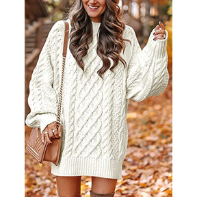 Women Crewneck Long Sleeve Oversized Cable Knit Chunky Pullover Short Sweater Dresses