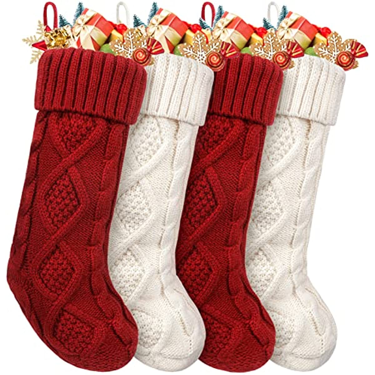 Christmas Stockings 4 Packs Large 18 Inches Classic Cable Knitted Ivory White Burgundy for Family Xmas Holiday Party Decoration