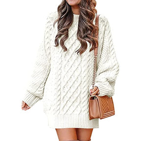 Women Crewneck Long Sleeve Oversized Cable Knit Chunky Pullover Short Sweater Dresses