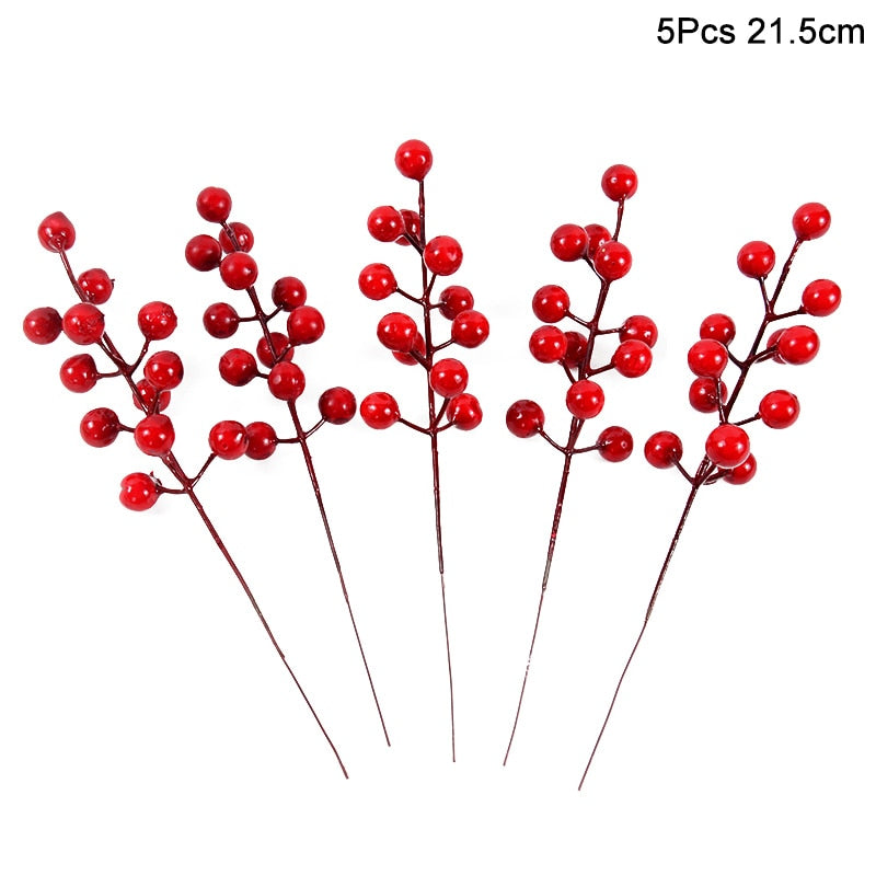 5Pcs Christmas Red Berry Articifial Flower Pine Cone Branch Christmas Tree Decorations Ornament Gift Packaging Home DIY Wreath