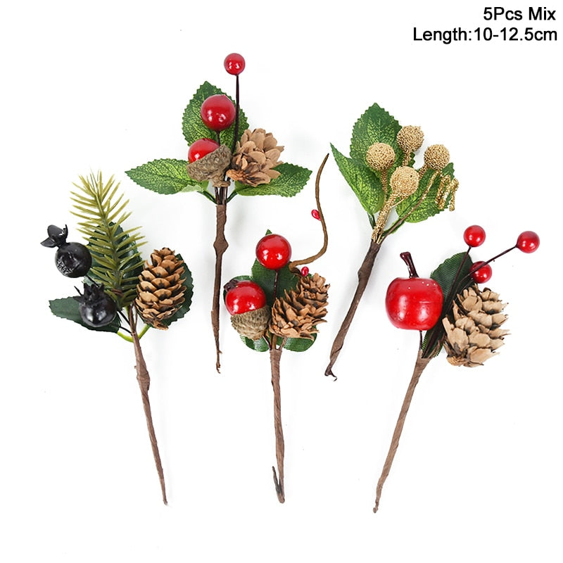 5Pcs Christmas Red Berry Articifial Flower Pine Cone Branch Christmas Tree Decorations Ornament Gift Packaging Home DIY Wreath