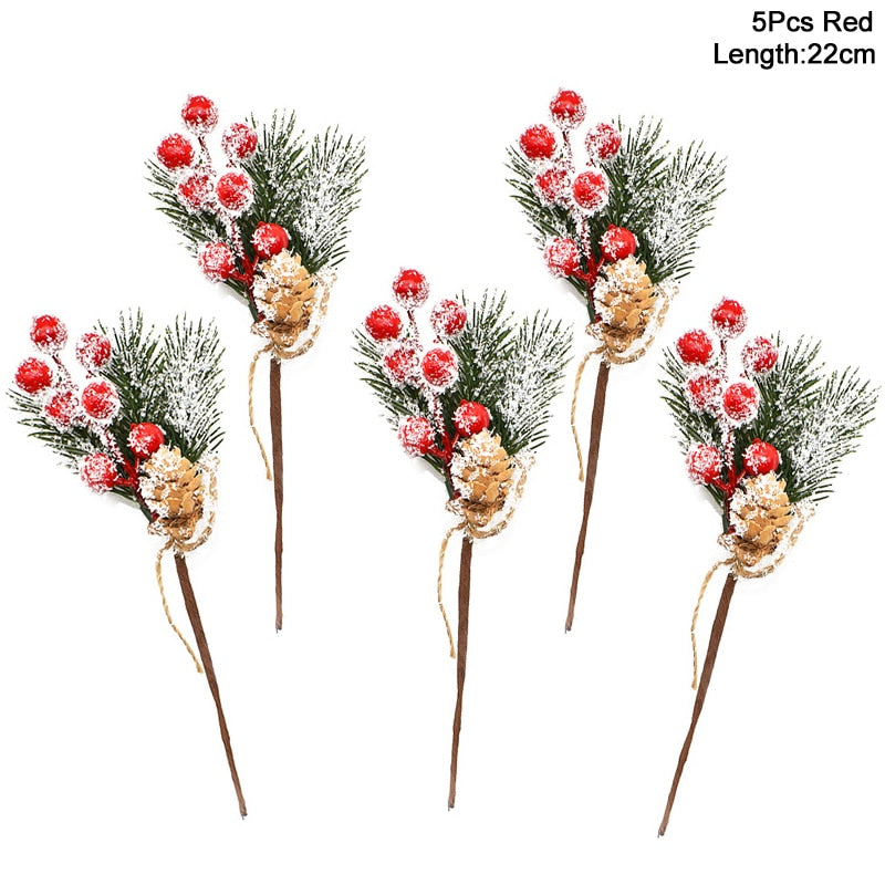 5Pcs Christmas Red Berry Articifial Flower Pine Cone Branch Christmas Tree Decorations Ornament Gift Packaging Home DIY Wreath