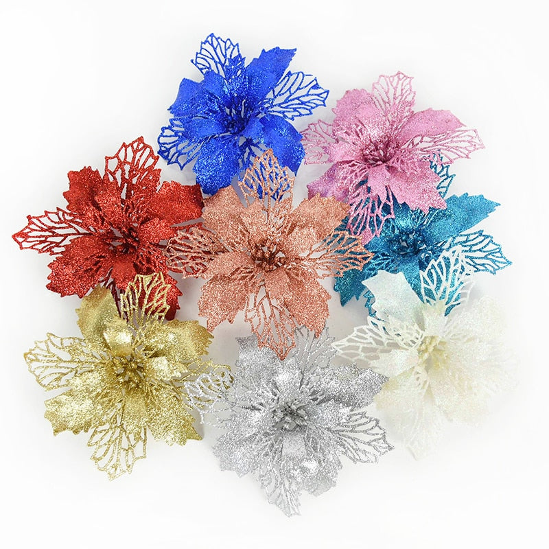 5pcs 9-16cm Glitter Artifical Christmas Flowers Christmas Tree Decorations for Home Fake Flowers Xmas Ornaments New Year Decor