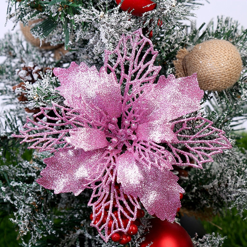 5pcs 9-16cm Glitter Artifical Christmas Flowers Christmas Tree Decorations for Home Fake Flowers Xmas Ornaments New Year Decor