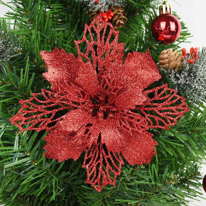 5pcs 9-16cm Glitter Artifical Christmas Flowers Christmas Tree Decorations for Home Fake Flowers Xmas Ornaments New Year Decor