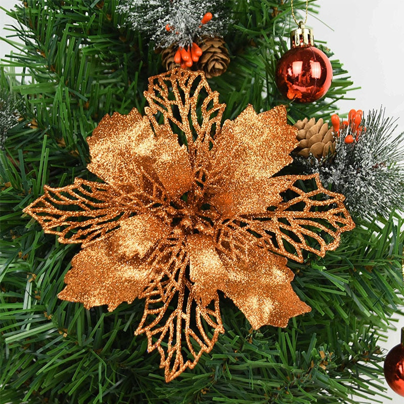 5pcs 9-16cm Glitter Artifical Christmas Flowers Christmas Tree Decorations for Home Fake Flowers Xmas Ornaments New Year Decor