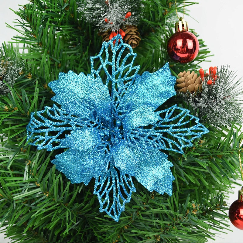 5pcs 9-16cm Glitter Artifical Christmas Flowers Christmas Tree Decorations for Home Fake Flowers Xmas Ornaments New Year Decor