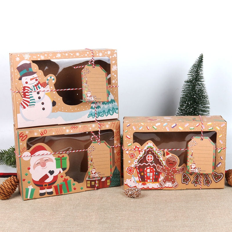 6/12 Christmas Candy Cookie Boxes Gift Box Kraft With Window Holiday Treat Box Packaging Box Santa Snowman Xmas Gift Bag Noel