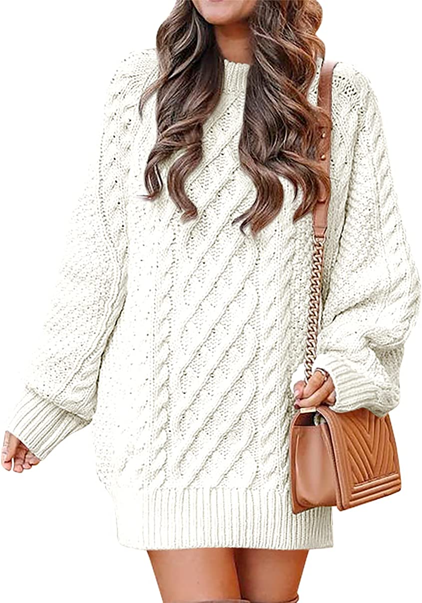 Women Crewneck Long Sleeve Oversized Cable Knit Chunky Pullover Short Sweater Dresses