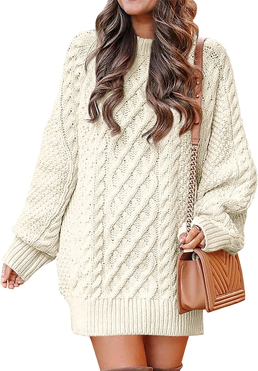 Women Crewneck Long Sleeve Oversized Cable Knit Chunky Pullover Short Sweater Dresses