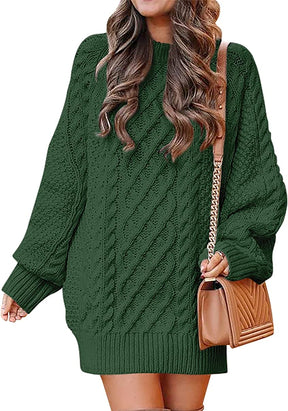 Women Crewneck Long Sleeve Oversized Cable Knit Chunky Pullover Short Sweater Dresses