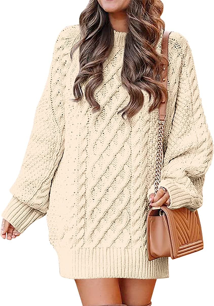 Women Crewneck Long Sleeve Oversized Cable Knit Chunky Pullover Short Sweater Dresses