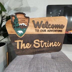 National Park Service Welcome Sign - NPS inspired family name sign, custom layered laser cut & engraved, wilderness enthusiast