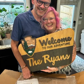 National Park Service Welcome Sign - NPS inspired family name sign, custom layered laser cut & engraved, wilderness enthusiast