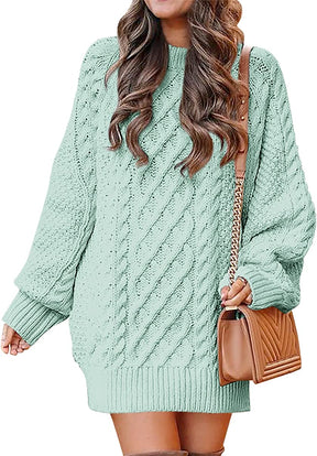 Women Crewneck Long Sleeve Oversized Cable Knit Chunky Pullover Short Sweater Dresses