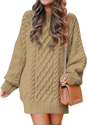 Women Crewneck Long Sleeve Oversized Cable Knit Chunky Pullover Short Sweater Dresses