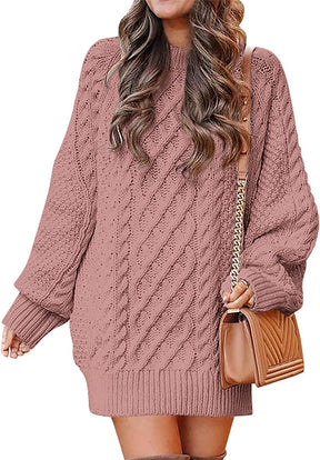 Women Crewneck Long Sleeve Oversized Cable Knit Chunky Pullover Short Sweater Dresses