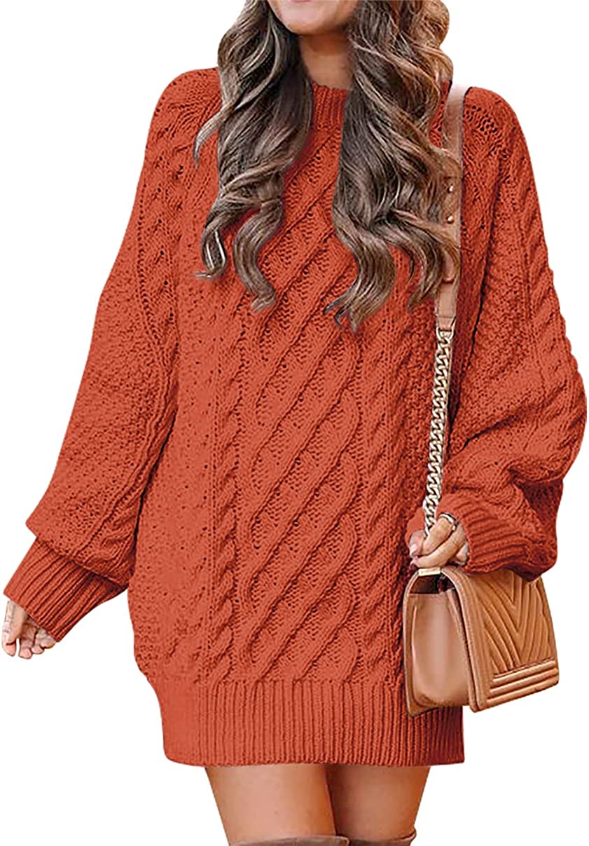 Women Crewneck Long Sleeve Oversized Cable Knit Chunky Pullover Short Sweater Dresses