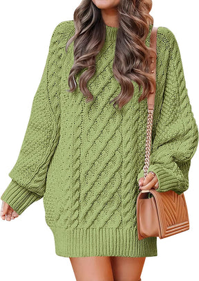 Women Crewneck Long Sleeve Oversized Cable Knit Chunky Pullover Short Sweater Dresses