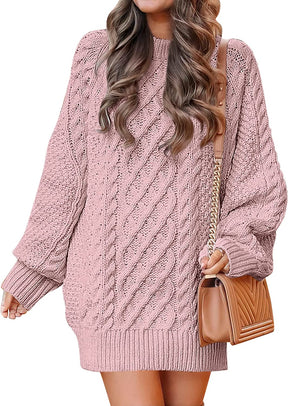 Women Crewneck Long Sleeve Oversized Cable Knit Chunky Pullover Short Sweater Dresses