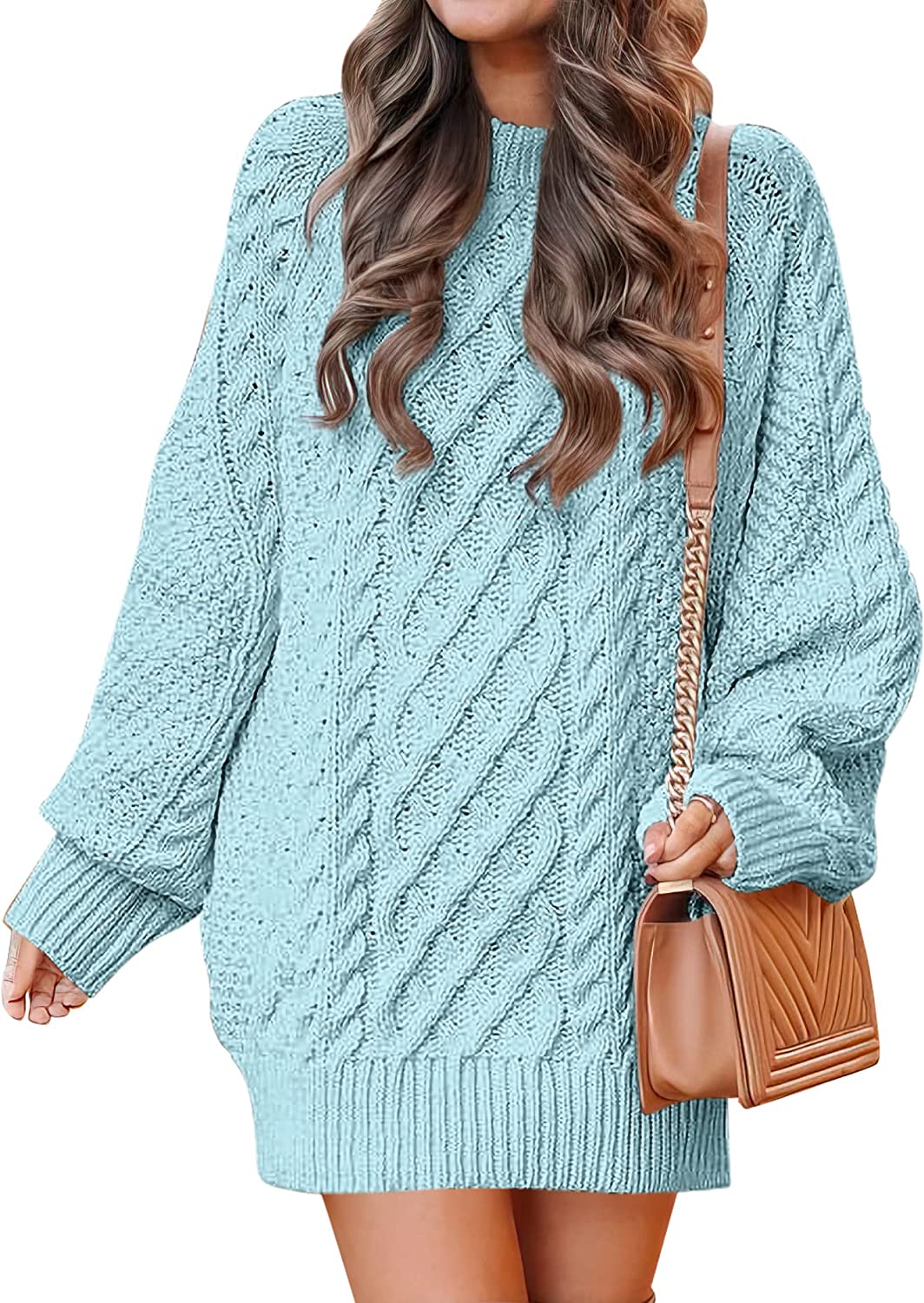 Women Crewneck Long Sleeve Oversized Cable Knit Chunky Pullover Short Sweater Dresses