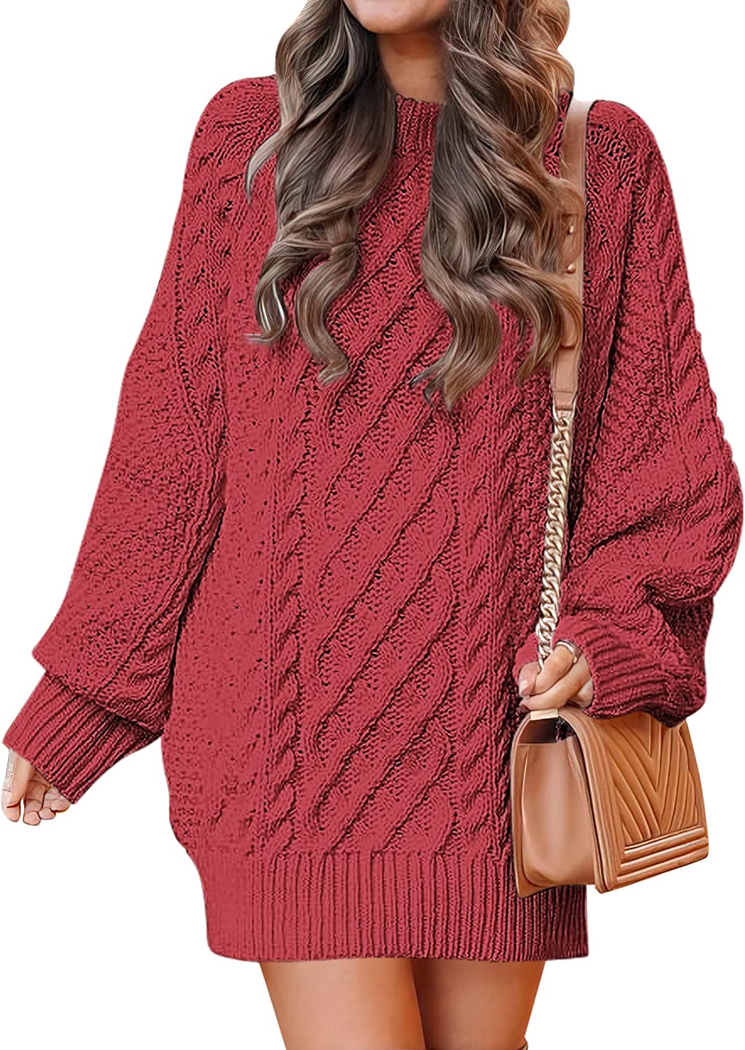 Women Crewneck Long Sleeve Oversized Cable Knit Chunky Pullover Short Sweater Dresses