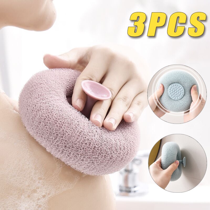 3 Pcs Natural Loofah With Suction Ball Bath Body Massage Sponge Scrub