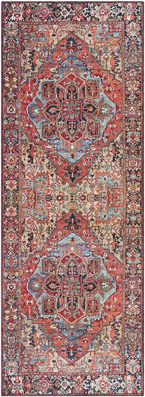 Manche Traditional Bright Red/Navy/Wheat/Ice Blue/Grass Green/Ivory Area Rug