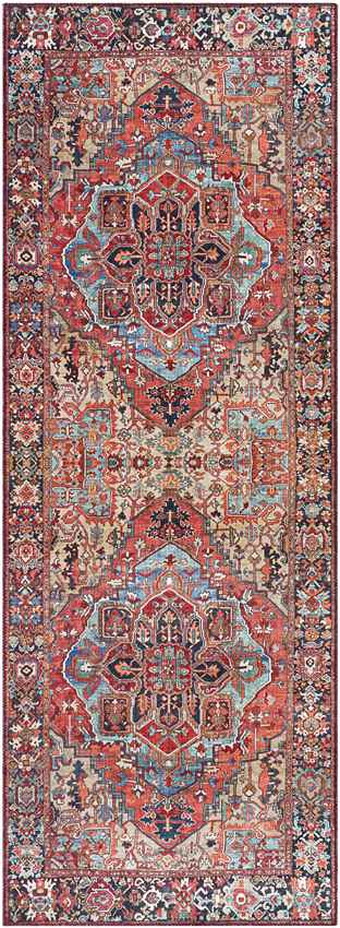 Manche Traditional Bright Red/Navy/Wheat/Ice Blue/Grass Green/Ivory Area Rug