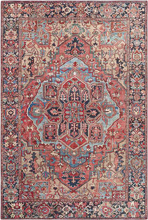 Manche Traditional Bright Red/Navy/Wheat/Ice Blue/Grass Green/Ivory Area Rug