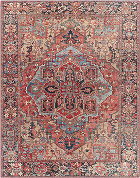 Manche Traditional Bright Red/Navy/Wheat/Ice Blue/Grass Green/Ivory Area Rug