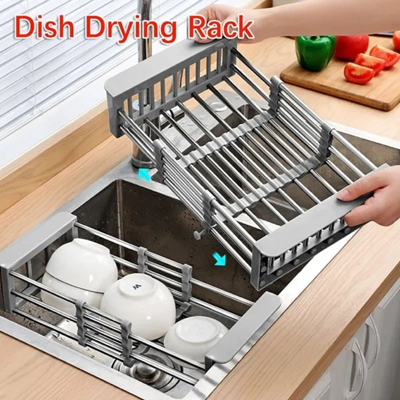 Adjustable Dish Drainer Stainless Steel Sink Drain Dish Rack Fruit Vegetable Drainer Kitchen Tableware Dish Drainer Rack Storage