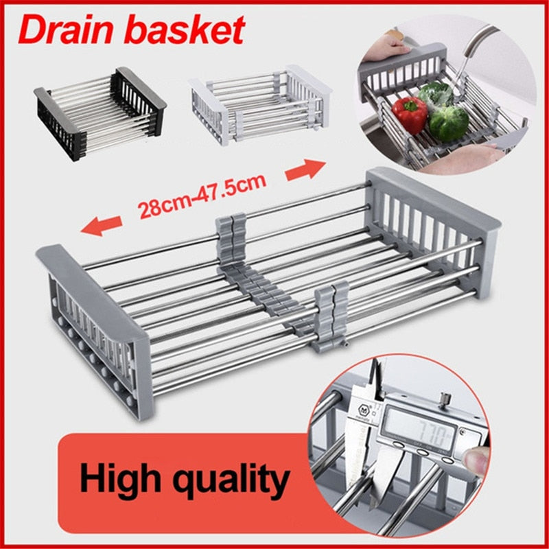 Adjustable Dish Drainer Stainless Steel Sink Drain Dish Rack Fruit Vegetable Drainer Kitchen Tableware Dish Drainer Rack Storage