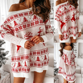 Christmas Dress For Women Sweater Winter Autumn Red New Years Clothing Long Sleeve Pullover Loose Evening Mini Party Dresses