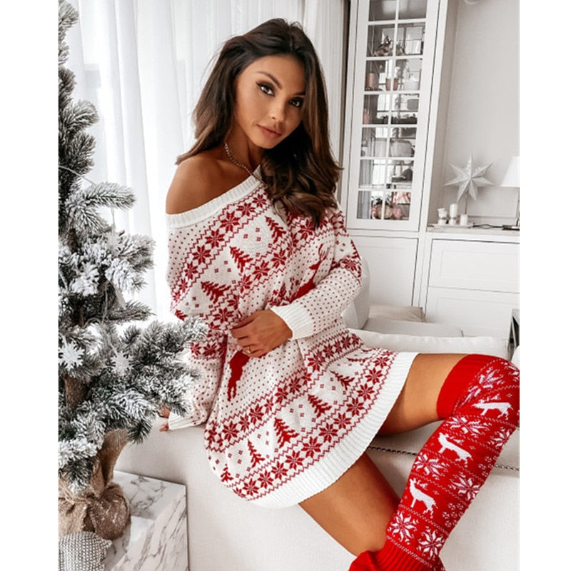 Christmas Dress For Women Sweater Winter Autumn Red New Years Clothing Long Sleeve Pullover Loose Evening Mini Party Dresses