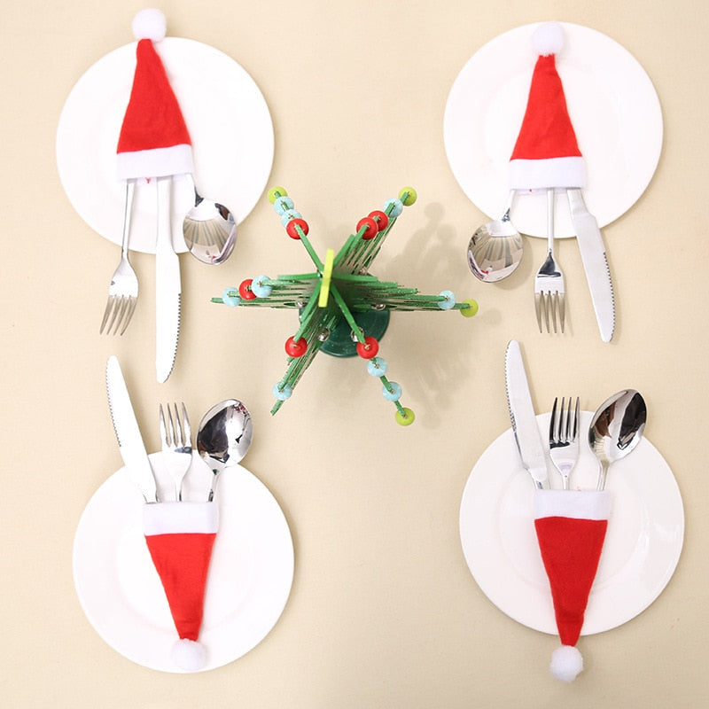Christmas Tableware Holder Bag Xmas Hat Fork Knife Cutlery Bags 2022 Christmas Decorations for Home Table Navidad New Year 2023