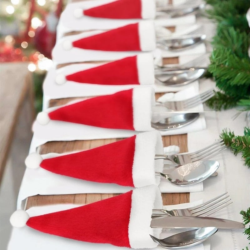Christmas Tableware Holder Bag Xmas Hat Fork Knife Cutlery Bags 2022 Christmas Decorations for Home Table Navidad New Year 2023