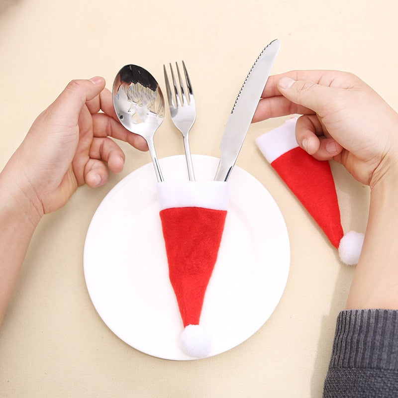 Christmas Tableware Holder Bag Xmas Hat Fork Knife Cutlery Bags 2022 Christmas Decorations for Home Table Navidad New Year 2023