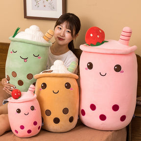 Cute Boba Milk Tea Plushie Toy Soft Stuffed Apple Pink Strawberry Taste Milk Tea Hug Pillow Balls Bubo Tea Cup Cushion