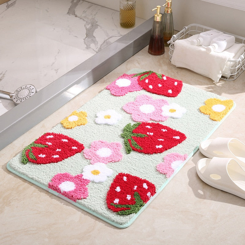 Cute Strawberry Floor Mat Non-Slip Bath Mat Bedroom Hallway Entrance Door Mat Toilet Absorbent Rug Mats Flower Foot Mat Carpet