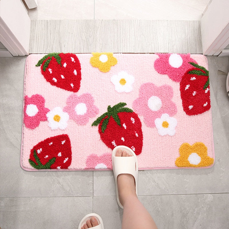 Cute Strawberry Floor Mat Non-Slip Bath Mat Bedroom Hallway Entrance Door Mat Toilet Absorbent Rug Mats Flower Foot Mat Carpet