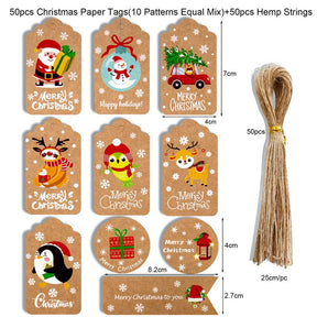 Cyuan 50pcs Christmas Gift Tags Santa Claus Snowflake Kraft Paper Tag with rope Label Xmas Gift for Xmas Party DIY Supplies